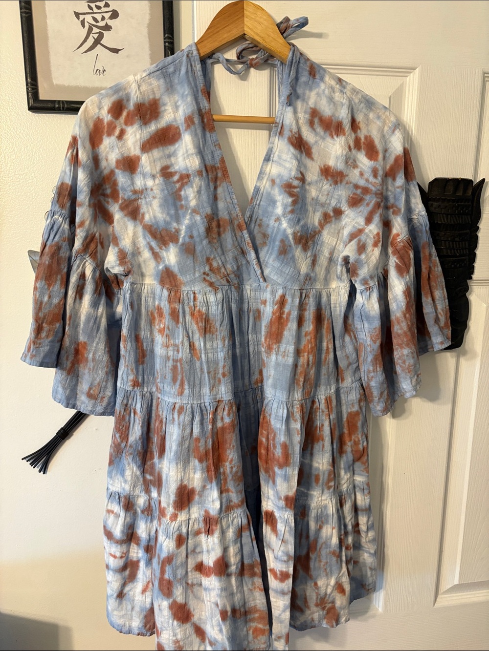 Tie-Dye Tiered V-Neck Tunic Dress in Blue and Brown